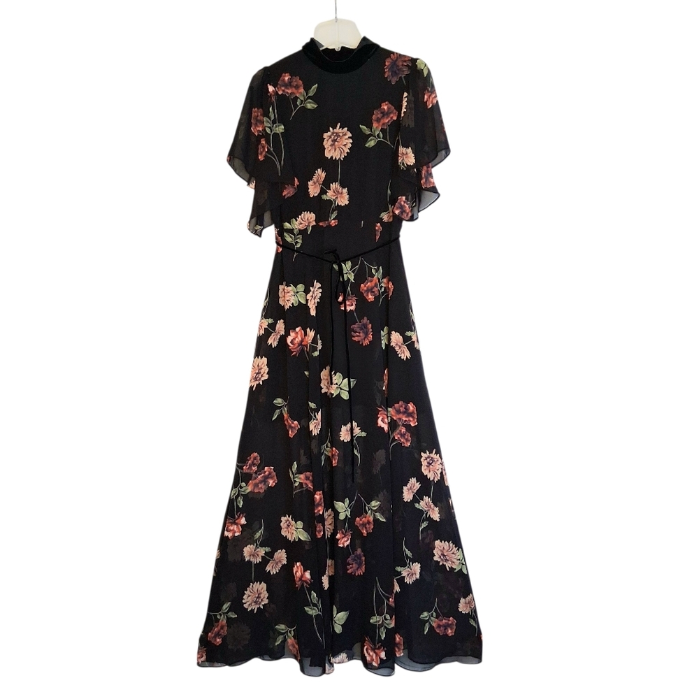 Lulu's Every Little Thing Black Floral Formal Chiffon Maxi Dress Gown Sz Large